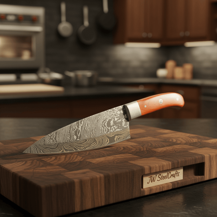 Damascus Gyuto Knife with Layered Steel Blade & Orange Wood Handle for Precision Slicing