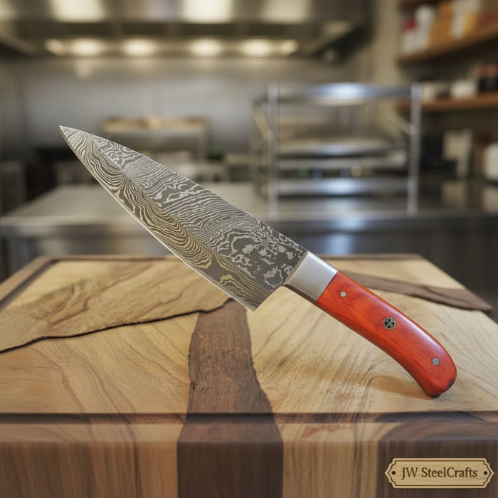 Damascus Gyuto Knife with Layered Steel Blade & Orange Wood Handle for Precision Slicing