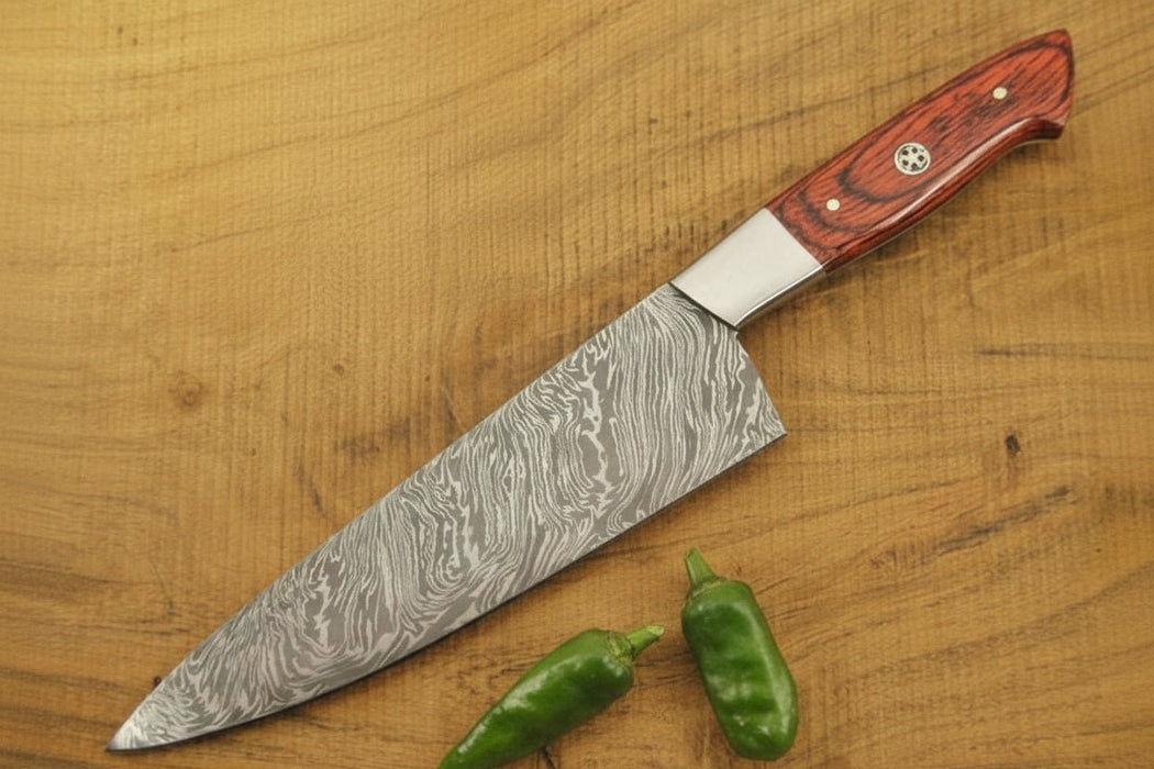 12 Inch Handmade Damascus Gyuto Chef Knife – Japanese Style Blade with Red Pakka Wood Handle