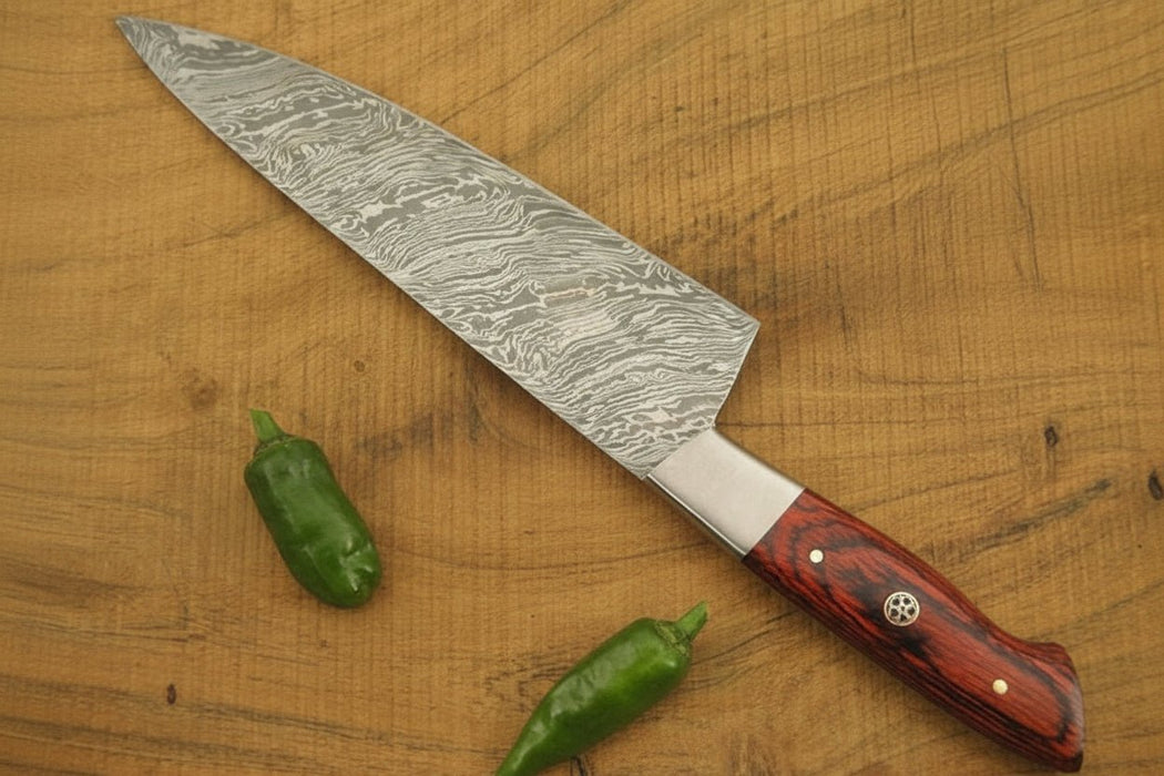 12 Inch Handmade Damascus Gyuto Chef Knife – Japanese Style Blade with Red Pakka Wood Handle