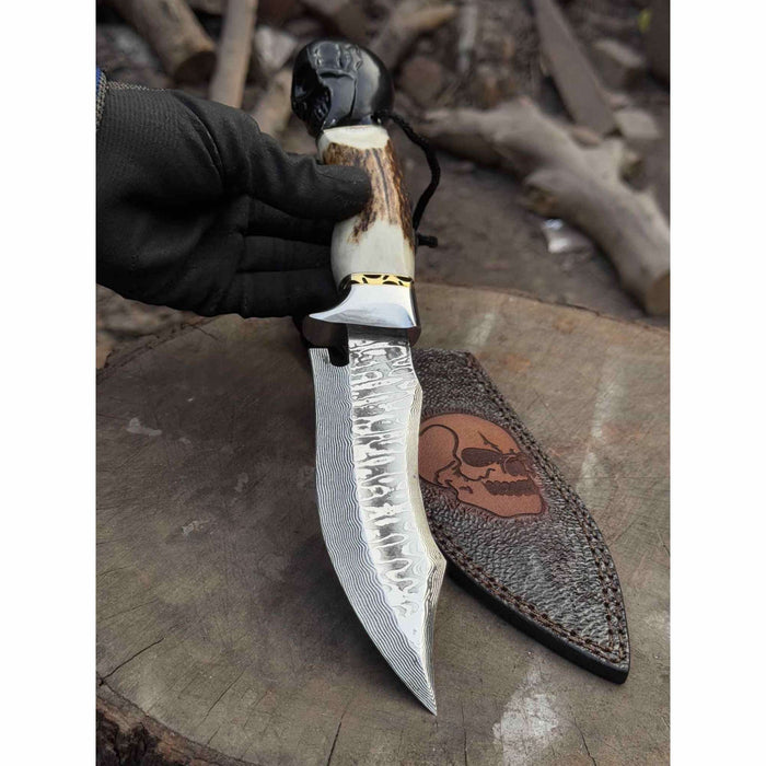Handmade Damascus Hunting Knife with Stag Antler Handle & Custom Leather Sheath