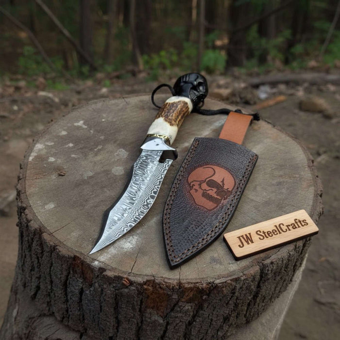 Handmade Damascus Hunting Knife with Stag Antler Handle & Custom Leather Sheath