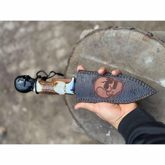 Handmade Damascus Hunting Knife with Stag Antler Handle & Custom Leather Sheath