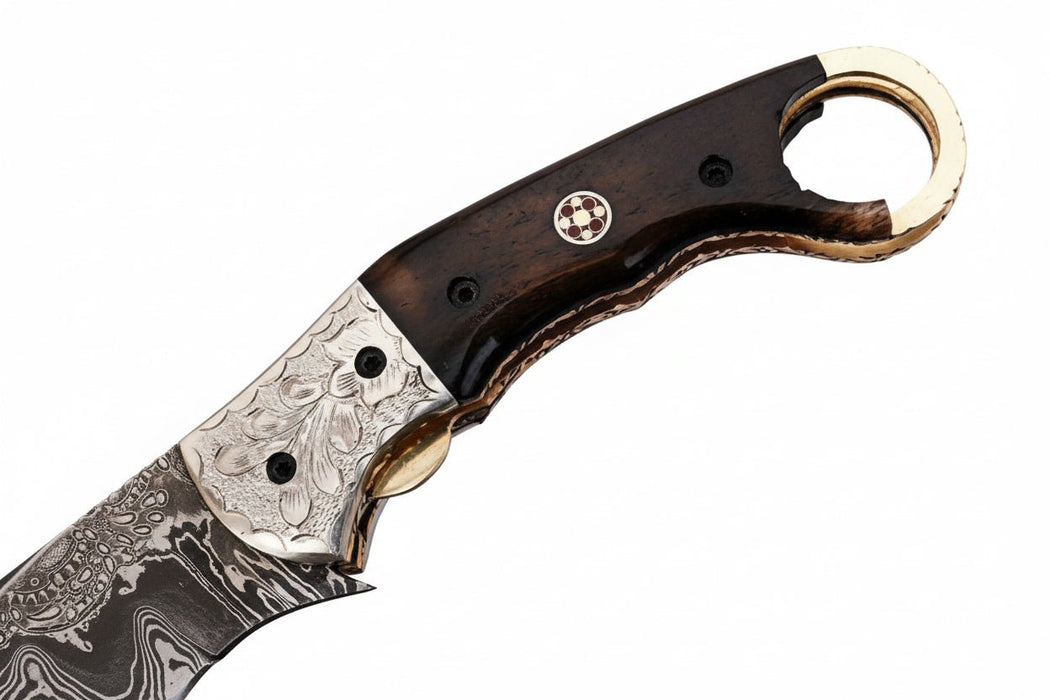 Handmade Damascus Folding Karambit Knife with Ring Handle, Dark Wood Grip & Engraved Bolster