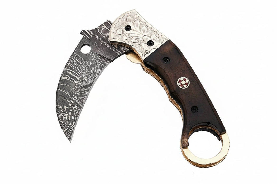 Handmade Damascus Folding Karambit Knife with Ring Handle, Dark Wood Grip & Engraved Bolster