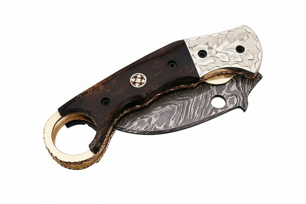 Handmade Damascus Folding Karambit Knife with Ring Handle, Dark Wood Grip & Engraved Bolster
