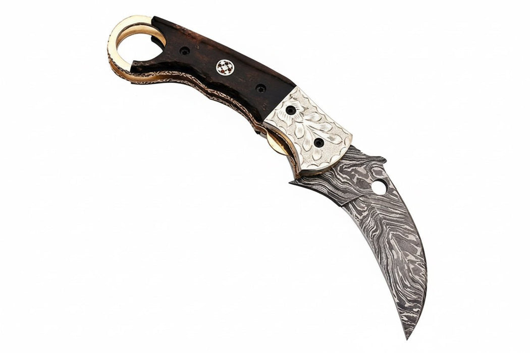 Handmade Damascus Folding Karambit Knife with Ring Handle, Dark Wood Grip & Engraved Bolster