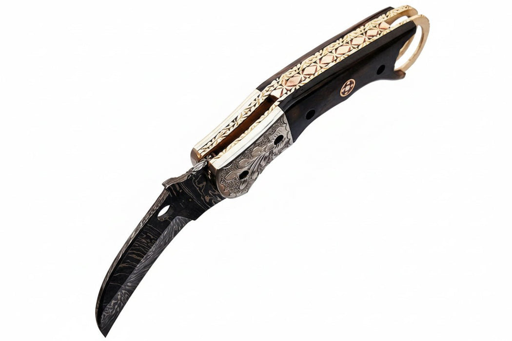 Handmade Damascus Folding Karambit Knife with Ring Handle, Dark Wood Grip & Engraved Bolster