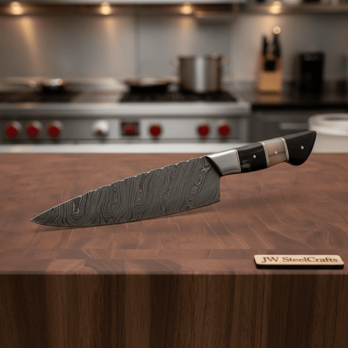 Damascus Kiritsuke Chef Knife with Raindrop Pattern Blade and Red/Black Pakka Wood Handle