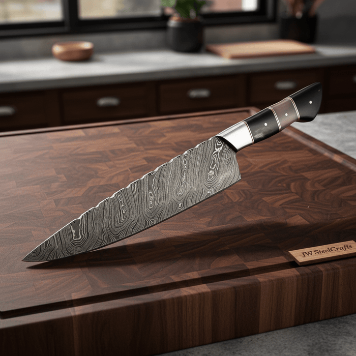 Damascus Kiritsuke Chef Knife with Raindrop Pattern Blade and Red/Black Pakka Wood Handle