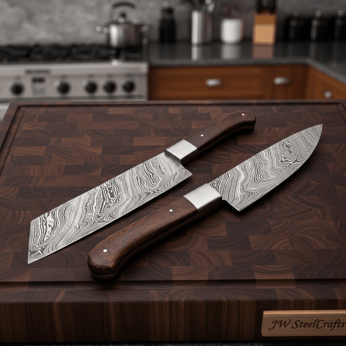 Handmade Damascus Kiritsuke Gyuto and Gyuto Knife Set of 2, Japanese Kitchen Knife Set, Forged Damascus Steel Chef Knife Set, Walnut Wood Handles, JW SteelCrafts