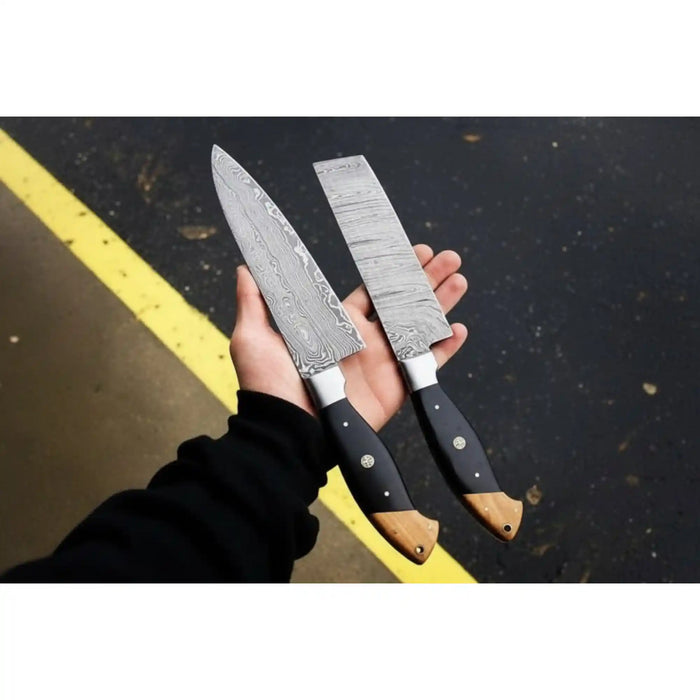 Damascus Chef Knife & Chinese Cleaver Set with Olive Wood & Black Resin Handles