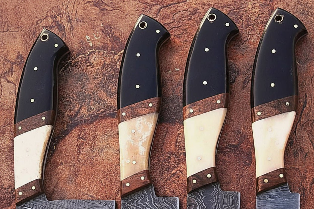 5 piece Handmade Damascus Kitchen Knife Set with Black Resin White Bone and Rosewood Handles