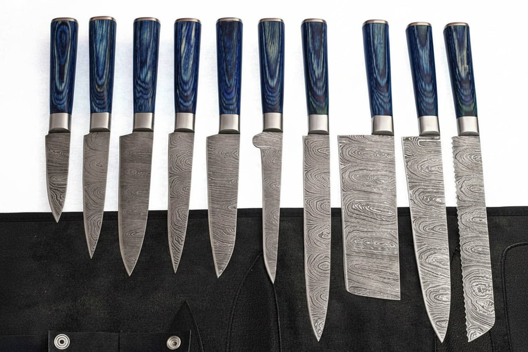 10-Piece Handmade Damascus Kitchen Knife Set – Blue Pakkawood Handles | Chef, Santoku, Cleaver, Bread, Slicing, Boning, Utility & Paring