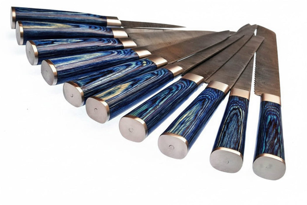 10-Piece Handmade Damascus Kitchen Knife Set – Blue Pakkawood Handles | Chef, Santoku, Cleaver, Bread, Slicing, Boning, Utility & Paring