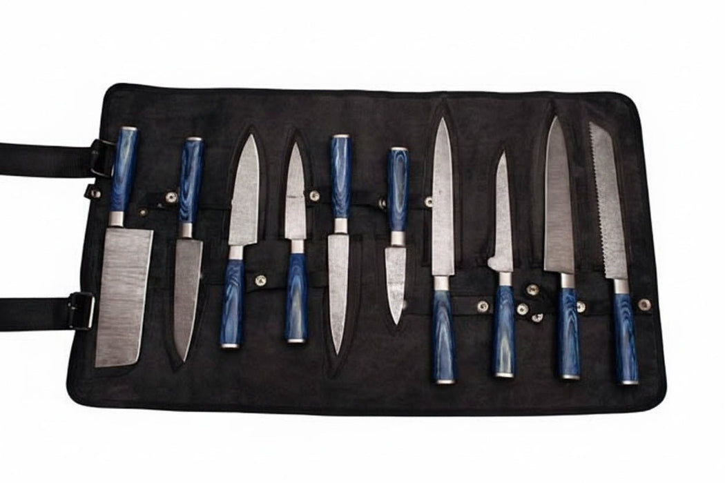 10-Piece Handmade Damascus Kitchen Knife Set – Blue Pakkawood Handles | Chef, Santoku, Cleaver, Bread, Slicing, Boning, Utility & Paring