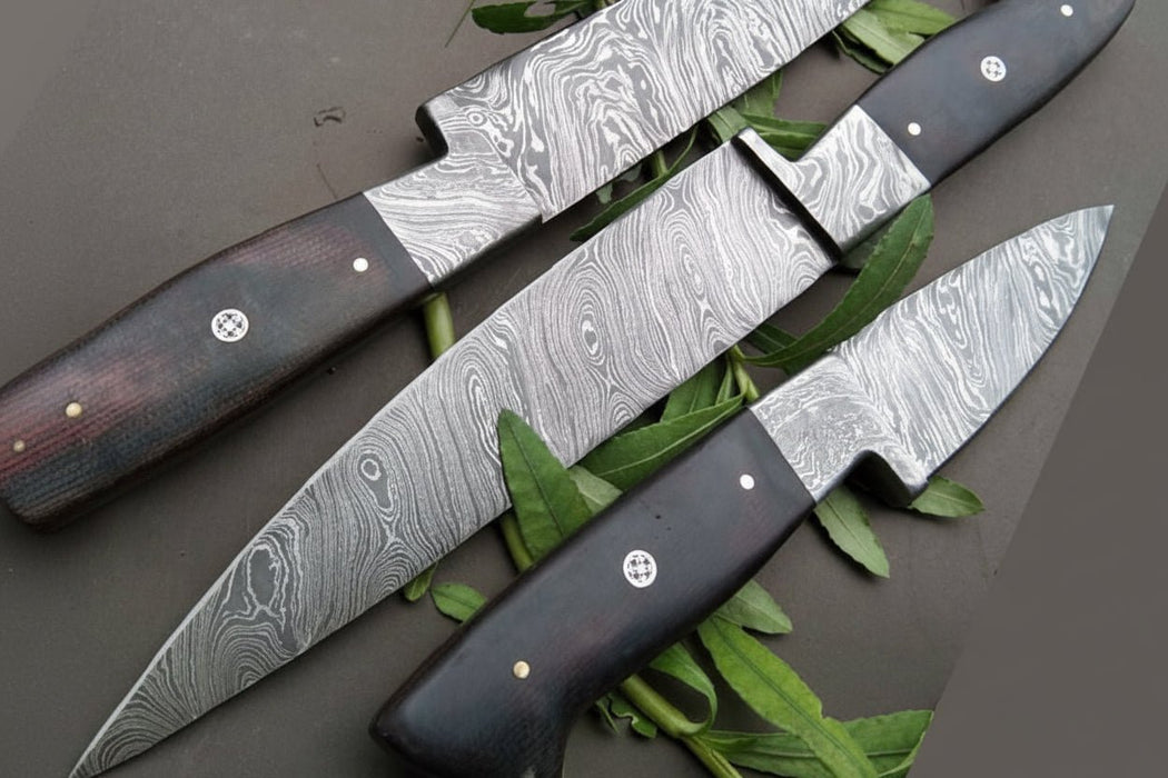 3-Piece Twisted Damascus Kitchen Knife Set — 10" Chef & Utility Knives with 7" Paring Knife and Black Micarta Handles