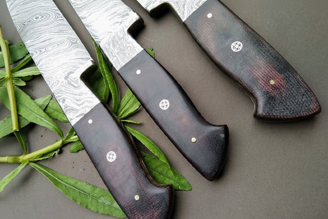 3-Piece Twisted Damascus Kitchen Knife Set — 10" Chef & Utility Knives with 7" Paring Knife and Black Micarta Handles