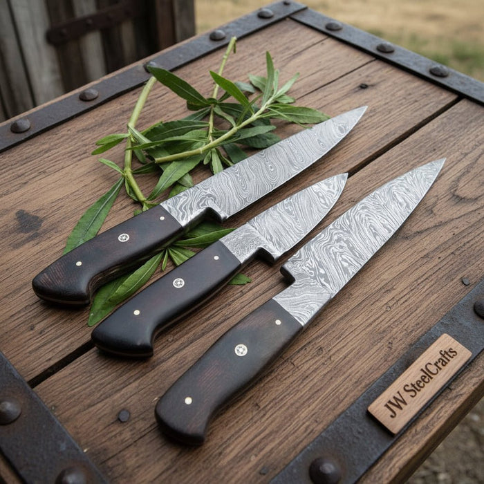 3-Piece Twisted Damascus Kitchen Knife Set — 10" Chef & Utility Knives with 7" Paring Knife and Black Micarta Handles