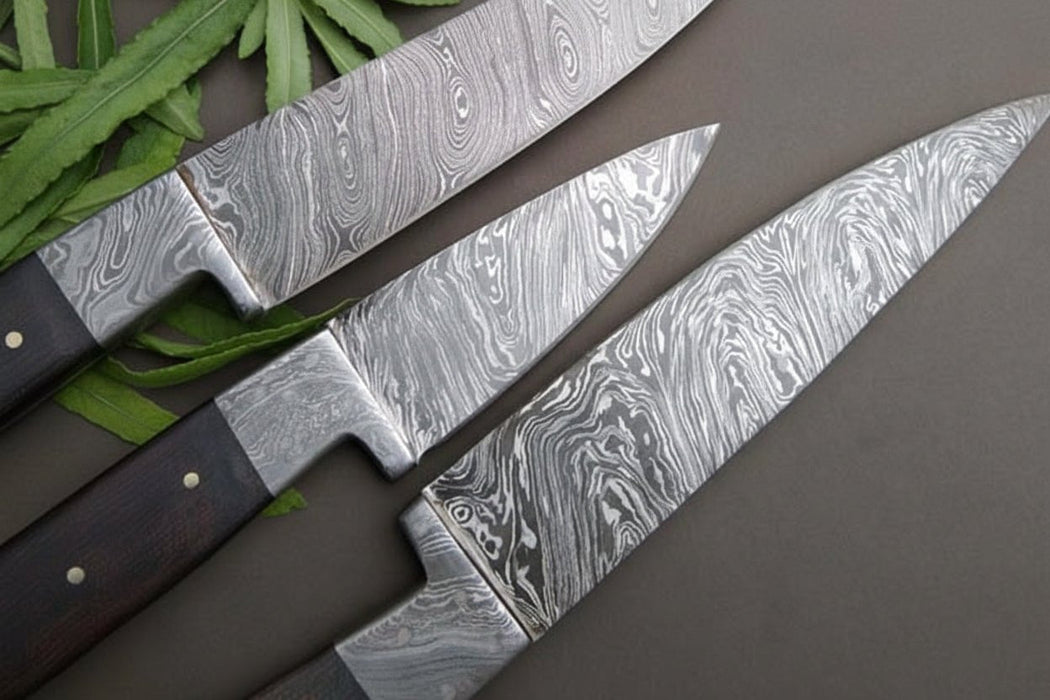 3-Piece Twisted Damascus Kitchen Knife Set — 10" Chef & Utility Knives with 7" Paring Knife and Black Micarta Handles