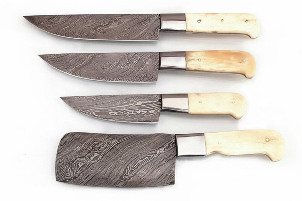 4-Piece Damascus Kitchen Knife Set — Chef, Slicer, Utility & Cleaver with White Camel Bone Handles & Steel Bolsters | JW Steel Crafts