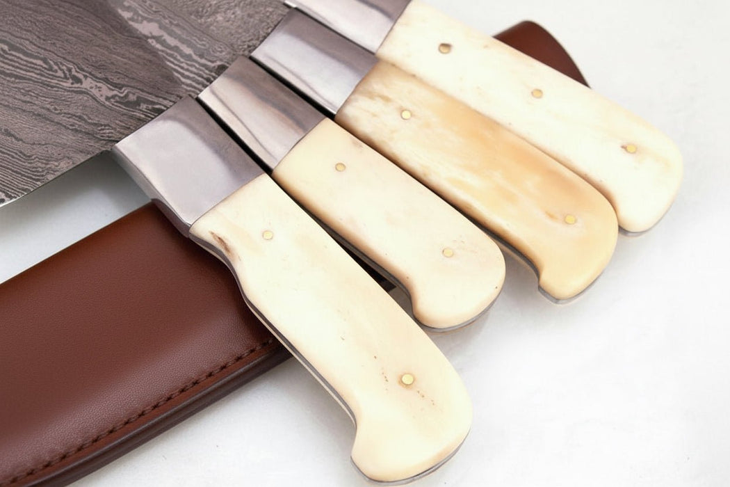 4-Piece Damascus Kitchen Knife Set — Chef, Slicer, Utility & Cleaver with White Camel Bone Handles & Steel Bolsters | JW Steel Crafts
