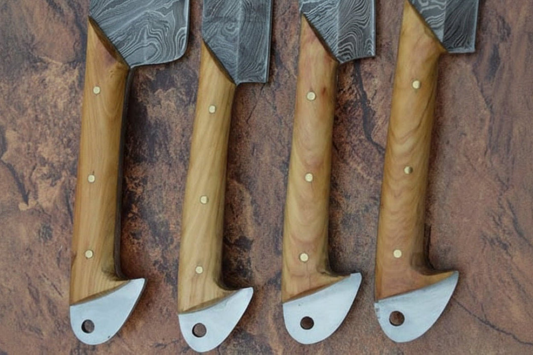Handmade Damascus Kitchen Knife Set of 4 with Natural Wood Handles, Full Tang Chef, Cleaver, Slicing and Utility Knives, Forged Damascus Steel Culinary Collection JW SteelCrafts