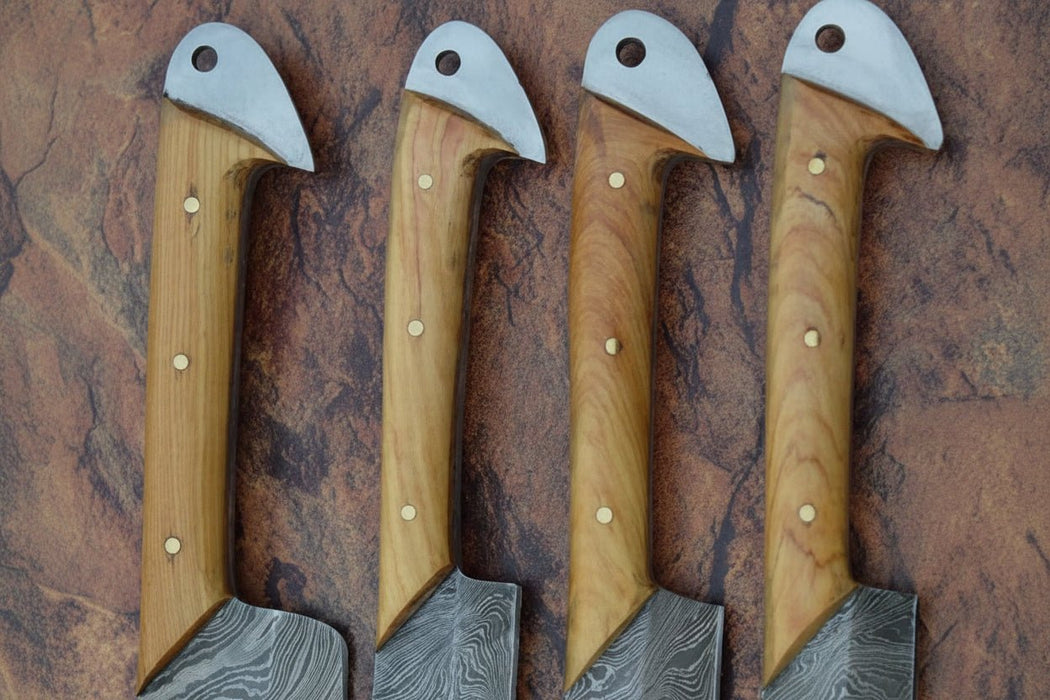 Handmade Damascus Kitchen Knife Set of 4 with Natural Wood Handles, Full Tang Chef, Cleaver, Slicing and Utility Knives, Forged Damascus Steel Culinary Collection JW SteelCrafts