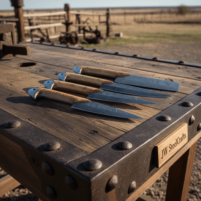 Handmade Damascus Kitchen Knife Set of 4 with Natural Wood Handles, Full Tang Chef, Cleaver, Slicing and Utility Knives, Forged Damascus Steel Culinary Collection JW SteelCrafts