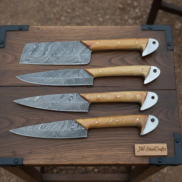 Handmade Damascus Kitchen Knife Set of 4 with Natural Wood Handles, Full Tang Chef, Cleaver, Slicing and Utility Knives, Forged Damascus Steel Culinary Collection JW SteelCrafts