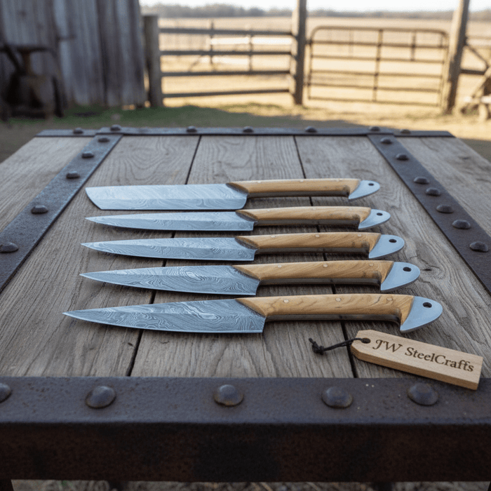 Handmade Damascus Kitchen Knife Set of 4 with Natural Wood Handles, Full Tang Chef, Cleaver, Slicing and Utility Knives, Forged Damascus Steel Culinary Collection JW SteelCrafts