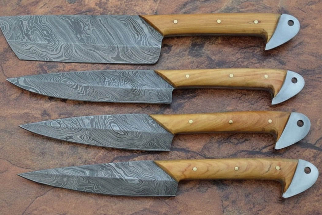 Handmade Damascus Kitchen Knife Set of 4 with Natural Wood Handles, Full Tang Chef, Cleaver, Slicing and Utility Knives, Forged Damascus Steel Culinary Collection JW SteelCrafts