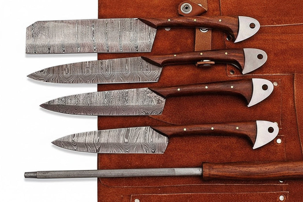 4-Piece Handmade Damascus Kitchen Knife Set – Rosewood Handles, Steel Bolsters & Brass Pins | Chef, Santoku, Cleaver & Utility | Leather Roll & Honing Rod Included