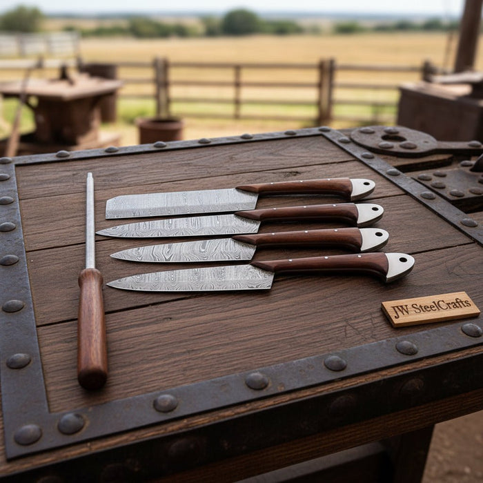4-Piece Handmade Damascus Kitchen Knife Set – Rosewood Handles, Steel Bolsters & Brass Pins | Chef, Santoku, Cleaver & Utility | Leather Roll & Honing Rod Included