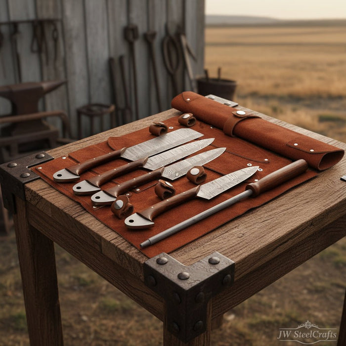 4-Piece Handmade Damascus Kitchen Knife Set – Rosewood Handles, Steel Bolsters & Brass Pins | Chef, Santoku, Cleaver & Utility | Leather Roll & Honing Rod Included