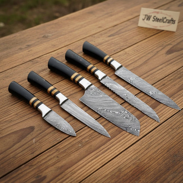5-Piece Handmade Damascus Kitchen Knife Set with Chef, Santoku, Utility, Carving, Paring Knives