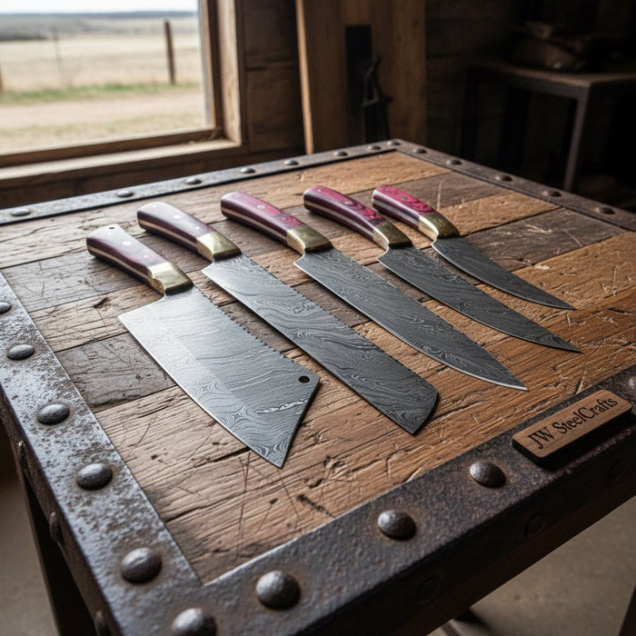 Handmade Damascus Kitchen Knife Set of 5 with Red Pakka Wood Handles and Brass Bolsters, Chef Santoku Utility Bread and Cleaver Knives, Full Tang Twisted Pattern
