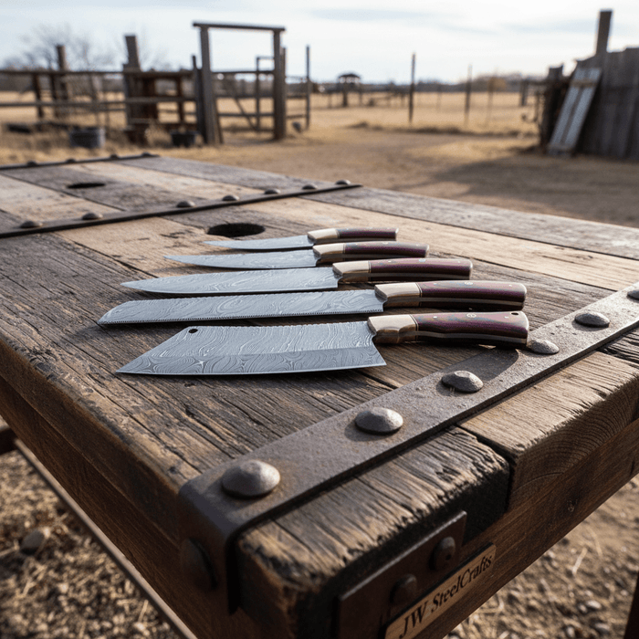 Handmade Damascus Kitchen Knife Set of 5 with Red Pakka Wood Handles and Brass Bolsters, Chef Santoku Utility Bread and Cleaver Knives, Full Tang Twisted Pattern