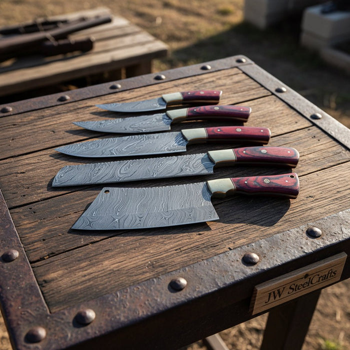 Handmade Damascus Kitchen Knife Set of 5 with Red Pakka Wood Handles and Brass Bolsters, Chef Santoku Utility Bread and Cleaver Knives, Full Tang Twisted Pattern