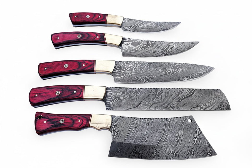 Handmade Damascus Kitchen Knife Set of 5 with Red Pakka Wood Handles and Brass Bolsters, Chef Santoku Utility Bread and Cleaver Knives, Full Tang Twisted Pattern