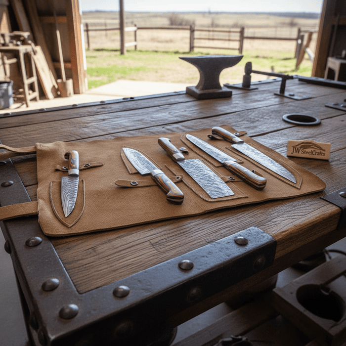 5-Piece Handmade Damascus Kitchen Knife Set with Red Pakka Wood Handles