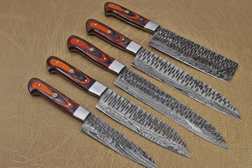 5-Piece Handmade Damascus Kitchen Knife Set with Red Pakka Wood Handles