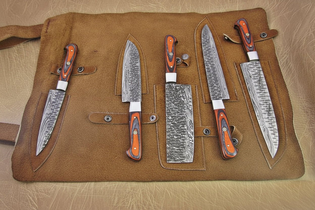 5-Piece Handmade Damascus Kitchen Knife Set with Red Pakka Wood Handles