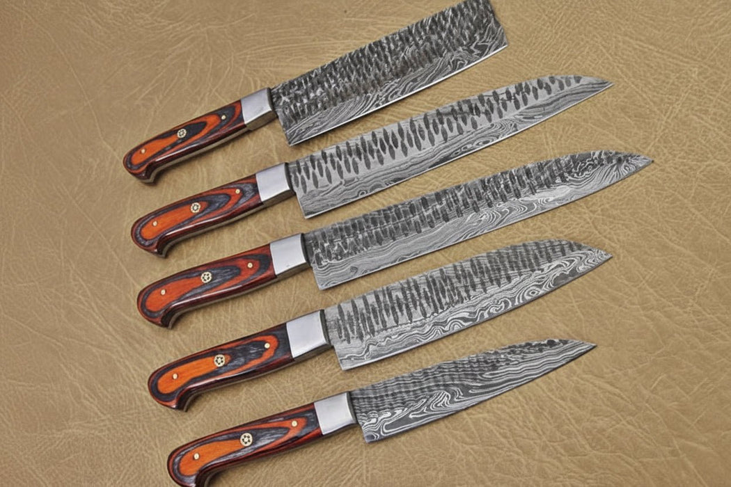 5-Piece Handmade Damascus Kitchen Knife Set with Red Pakka Wood Handles
