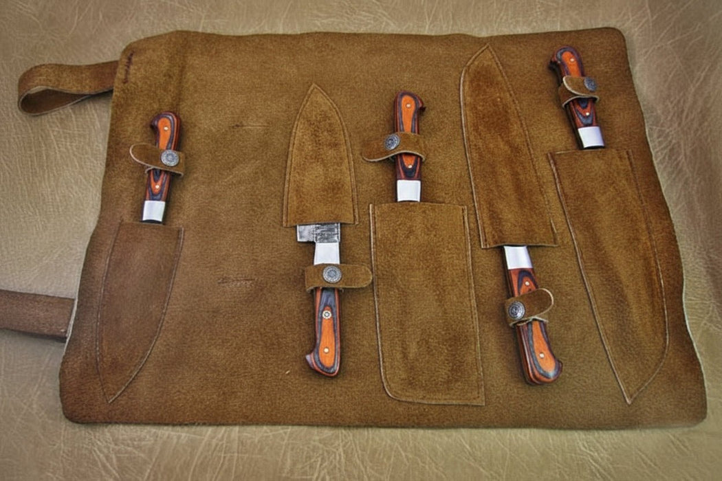 5-Piece Handmade Damascus Kitchen Knife Set with Red Pakka Wood Handles