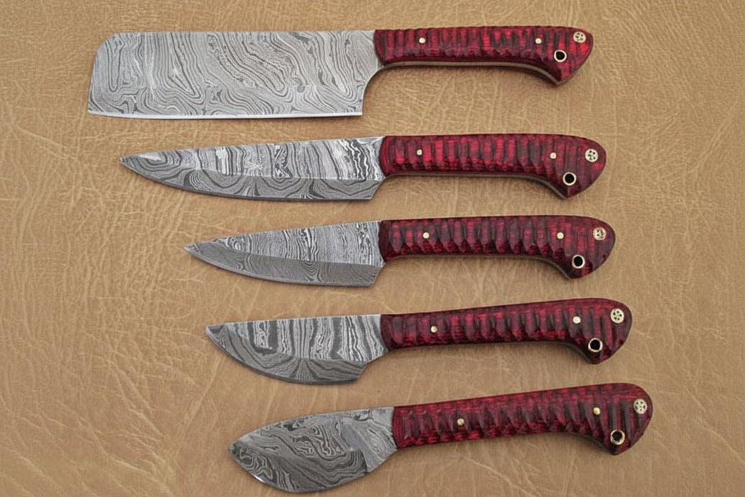 6-Piece Damascus Kitchen Knife Set — Bread, Chef, Santoku, Utility, Boning & Paring with Red Wood Handles