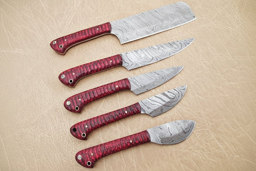 6-Piece Damascus Kitchen Knife Set — Bread, Chef, Santoku, Utility, Boning & Paring with Red Wood Handles
