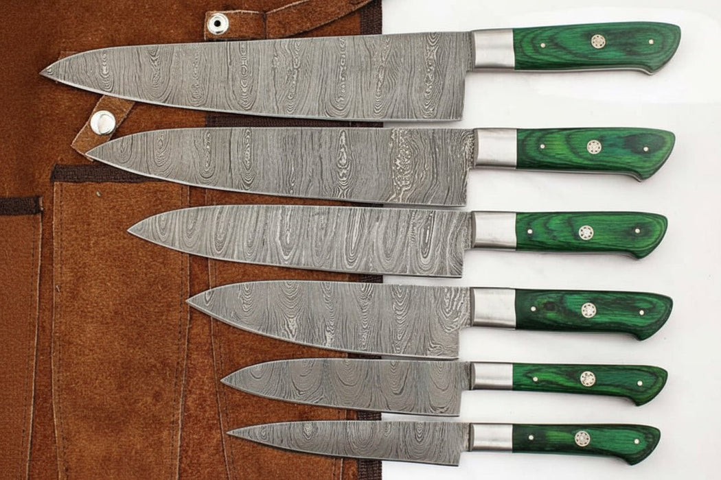 Handmade Damascus Kitchen Knife Set of 6, Green Wood Handle Chef Knife Collection, Full Tang Forged Damascus Steel Culinary Knife Set, Professional Cooking Knife Gift Set