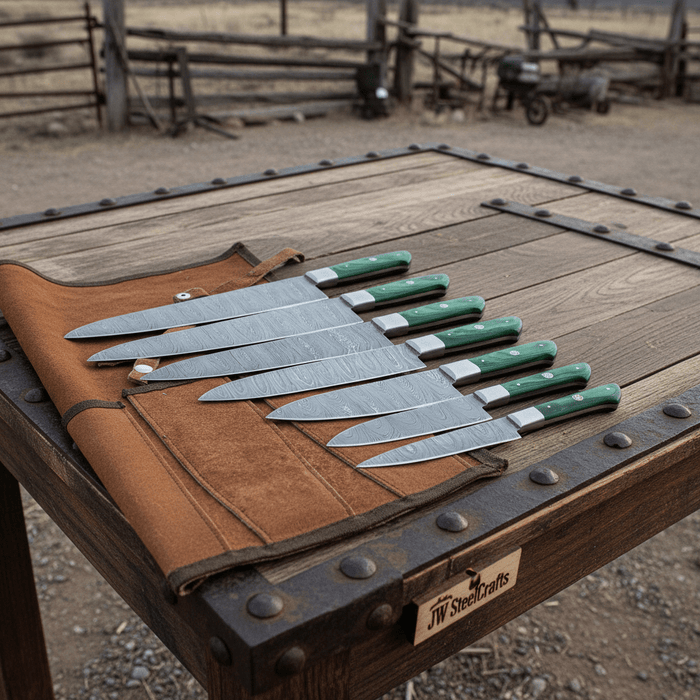 Handmade Damascus Kitchen Knife Set of 6, Green Wood Handle Chef Knife Collection, Full Tang Forged Damascus Steel Culinary Knife Set, Professional Cooking Knife Gift Set