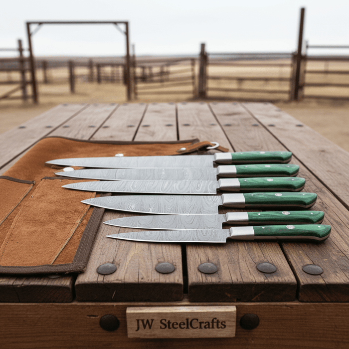 Handmade Damascus Kitchen Knife Set of 6, Green Wood Handle Chef Knife Collection, Full Tang Forged Damascus Steel Culinary Knife Set, Professional Cooking Knife Gift Set